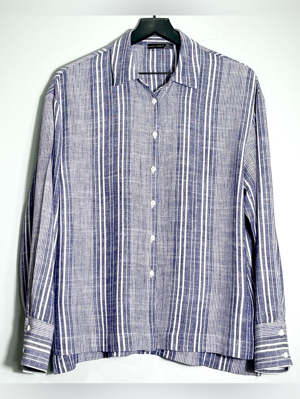BLACK TAPE Women Linen Blend Long Sleeve Button Shirt Blue White Stripe Sz.Small